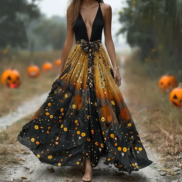 Pumpkin Print Suspender Bow Long Skirt - Trisunshine.com 