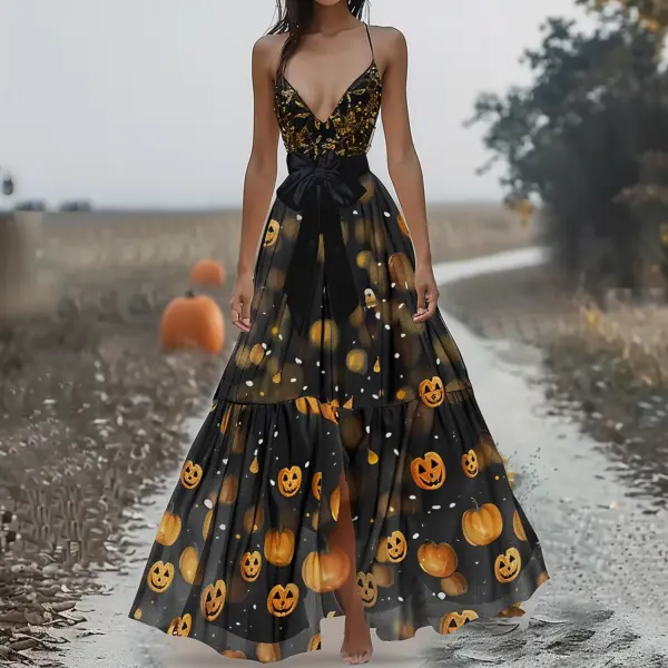 Dark Pumpkin Print Suspender Long Skirt - Trisunshine.com 