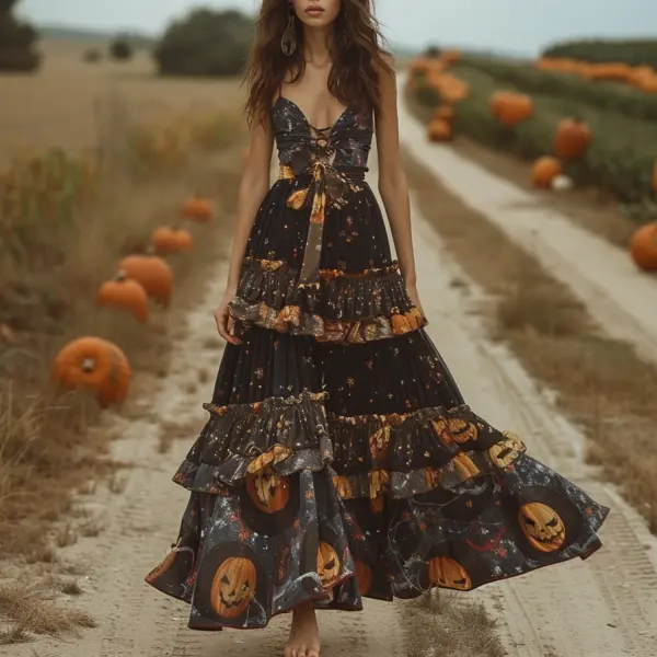 Halloween Pumpkin Print Maxi Dress - Trisunshine.com 