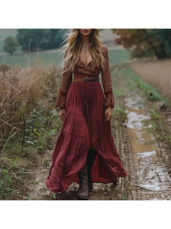 Retro V-neck Linen Women's Long-sleeved Long Skirt Pastoral Style Leopard Print Shirt Linen Dress - Viewbena.com 