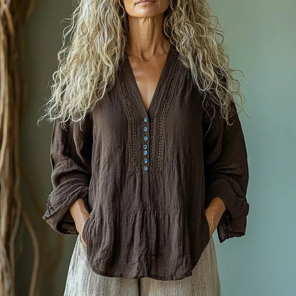 Women's Ethnic Linen V-neck Long-sleeved Shirt - Albionstyle.com 