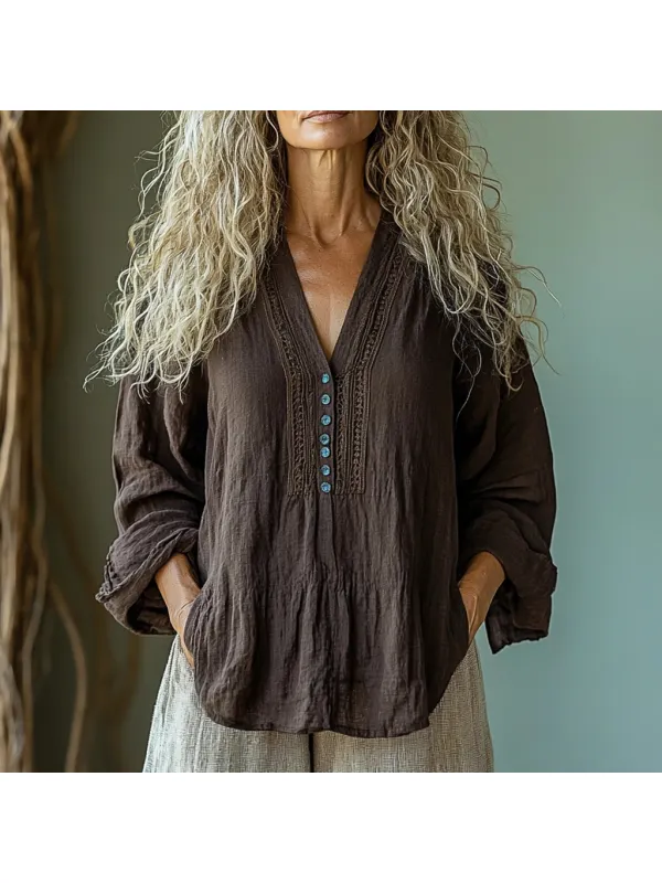 Women's Ethnic Linen V-neck Long-sleeved Shirt - Cominbuy.com 