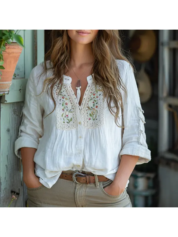 Holiday Casual Simple Loose V-neck Long-sleeved Linen Shirt Comfortable Lazy Breathable Linen Top - Cominbuy.com 