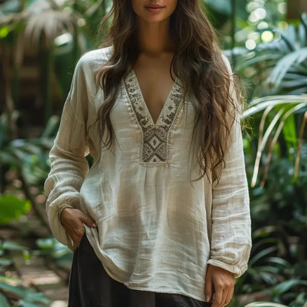 Simple Oversized V-neck Long-sleeved Linen Shirt, Comfortable, Lazy And Breathable Linen Top - Trisunshine.com 