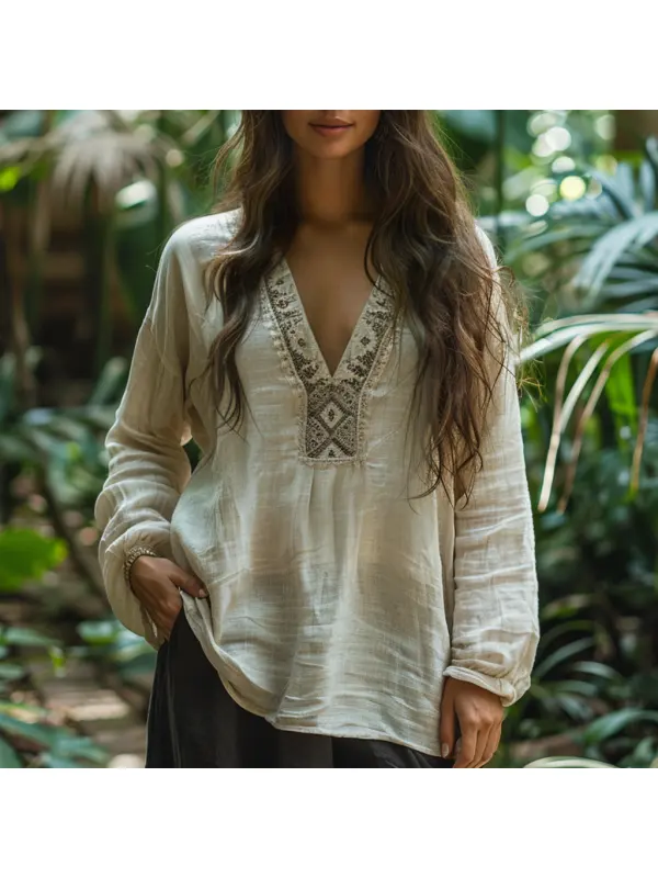 Simple Oversized V-neck Long-sleeved Linen Shirt, Comfortable, Lazy And Breathable Linen Top - Anrider.com 