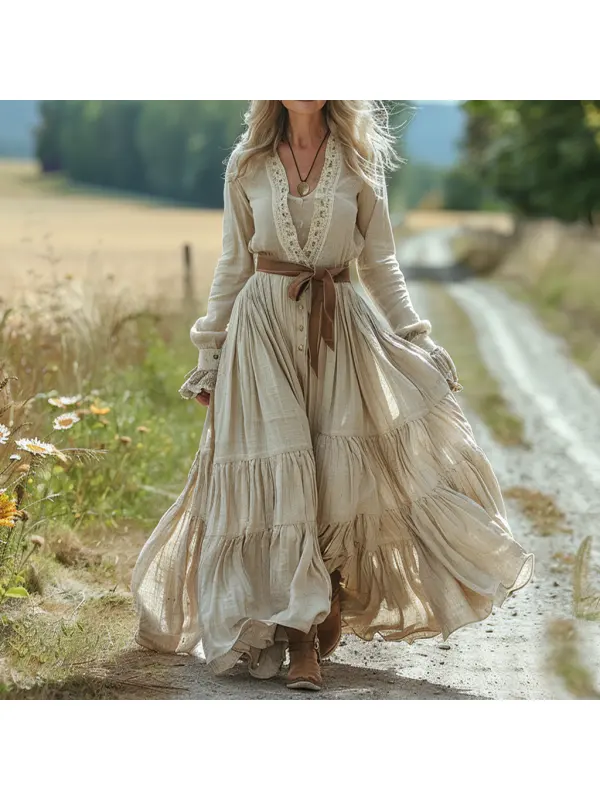 Vintage V-neck Linen Long-sleeve Dress - Viewbena.com 