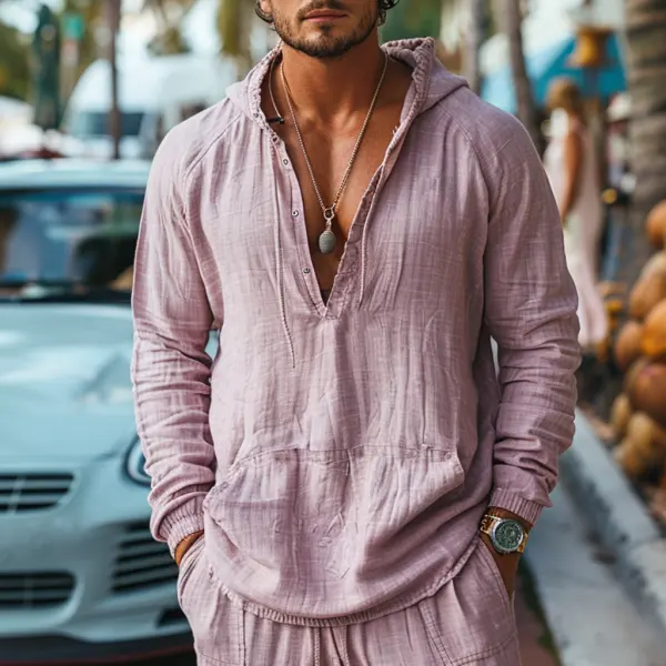 V-neck Retro Men's Linen Hooded Long-sleeved Shirt Simple Loose Comfortable Breathable Casual Linen Shirt Workwear Linen - Yiyistories.com 