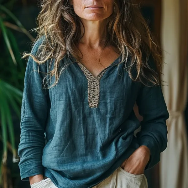 Women's Linen V-neck Loose Shirt - Wayrates.com 