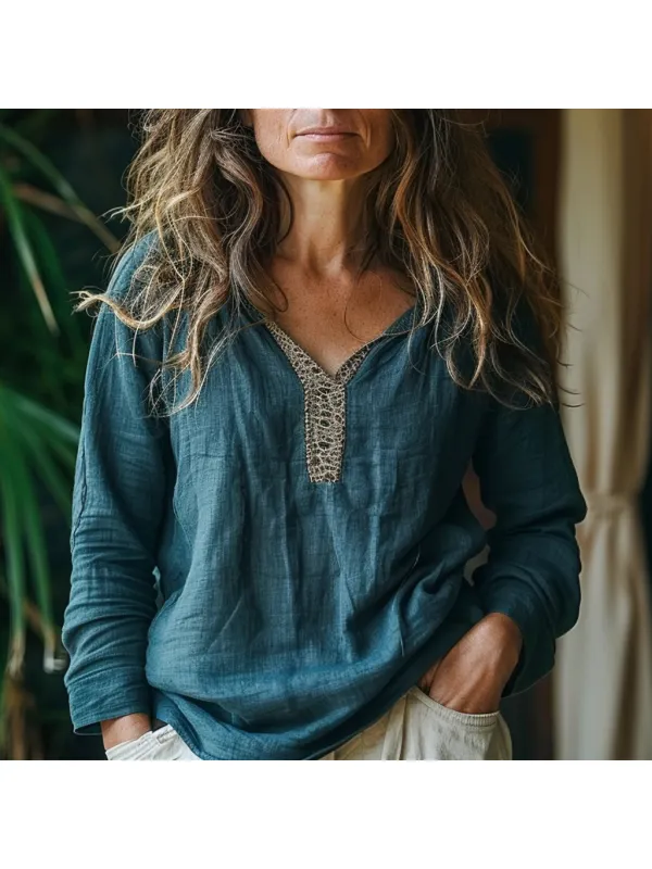 Women's Linen V-neck Loose Shirt - Viewbena.com 
