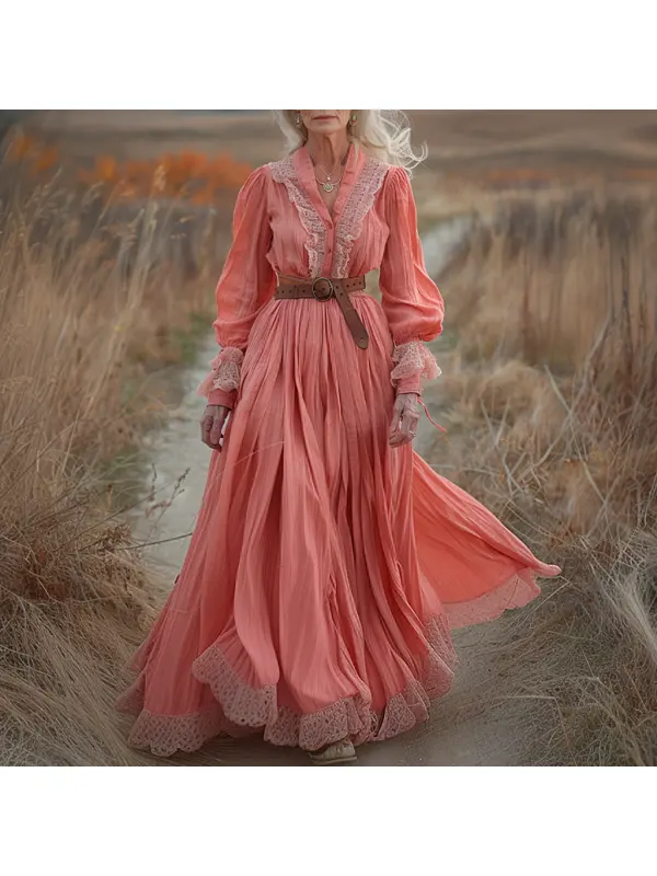 Vintage V-neck Linen Long-sleeve Dress - Cominbuy.com 