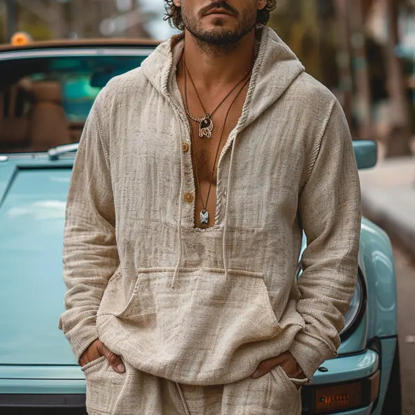 V-neck Retro Men's Linen Hooded Long-sleeved Shirt Simple Loose Comfortable Breathable Casual Linen Shirt Workwear Linen - Localziv.com 