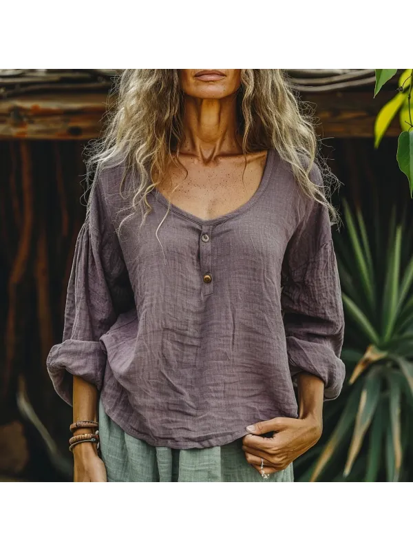 Women's Linen Button-Basic Long-sleeved Shirt - Viewbena.com 