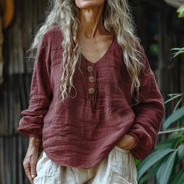 Women's Linen Button-down Loose Long-sleeved Shirt - Salolist.com 