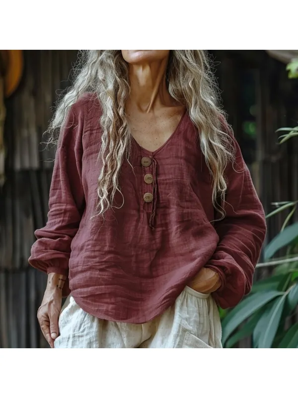 Women's Linen Button-down Loose Long-sleeved Shirt - Cominbuy.com 