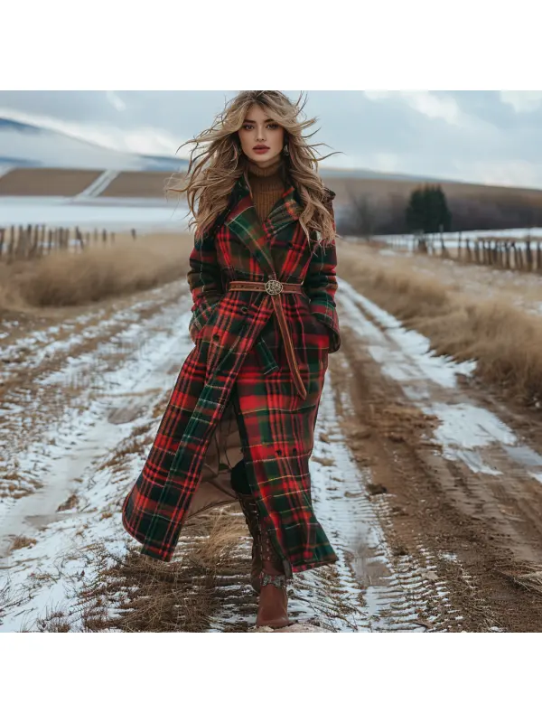 Plaid Retro Casual Wool Coat Long Coat - Cominbuy.com 