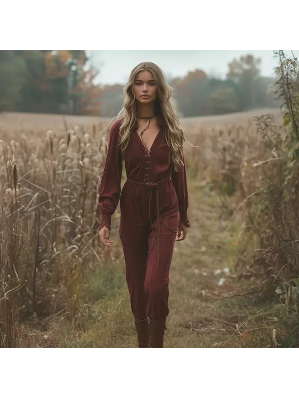 Women's Casual Jumpsuit Bohemian Long Sleeve Jumpsuit - Viewbena.com 