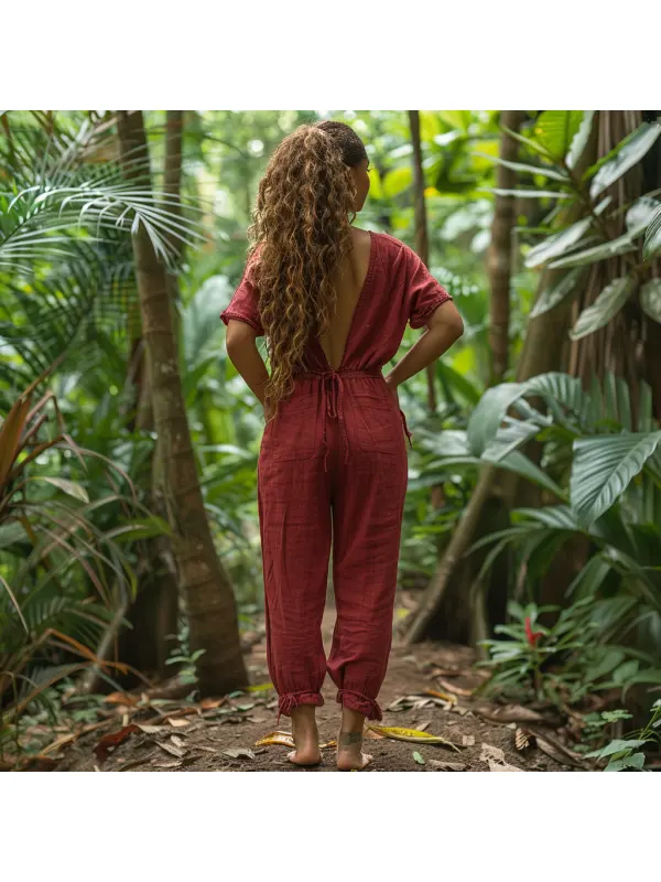 Linen Casual Loose Simple Comfortable Jumpsuit Home Linen Jumpsuit - Realyiyishop.com 