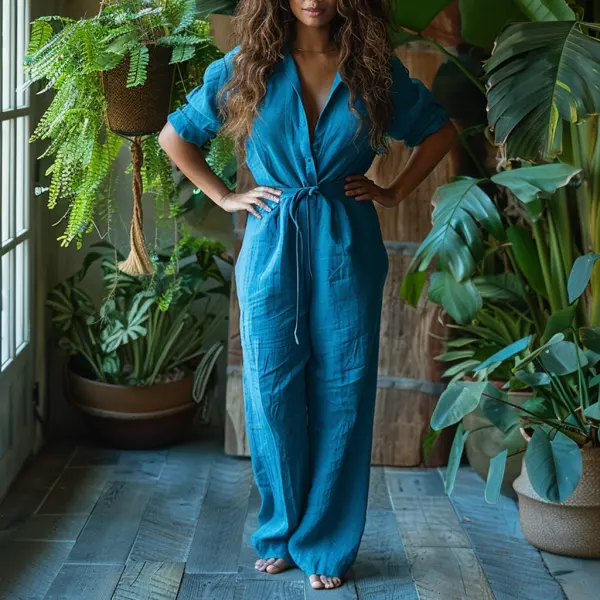 Linen Casual Loose Simple Comfortable Long-sleeved Jumpsuit Home Linen Jumpsuit - Trisunshine.com 