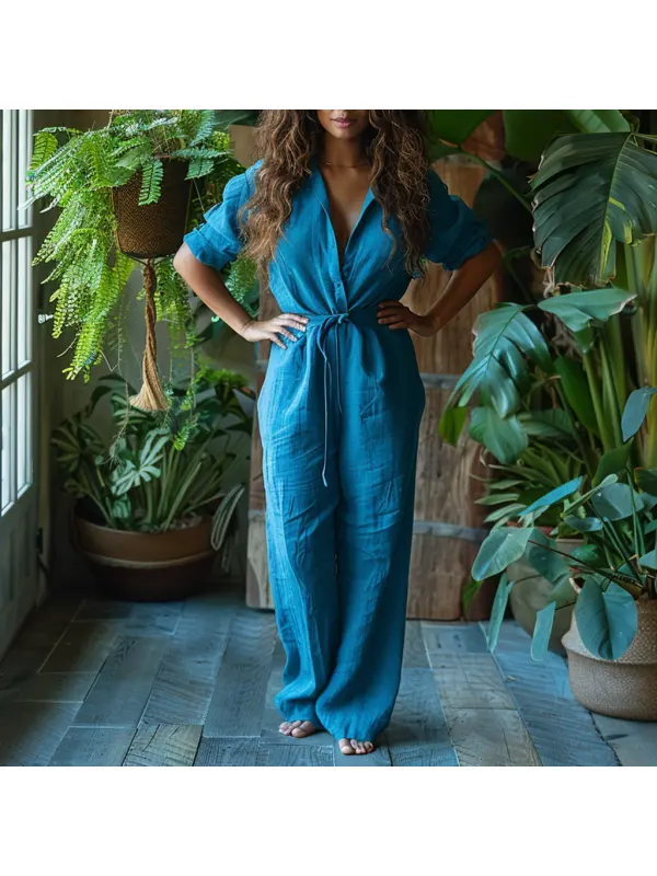 Linen Casual Loose Simple Comfortable Long-sleeved Jumpsuit Home Linen Jumpsuit - Realyiyi.com 