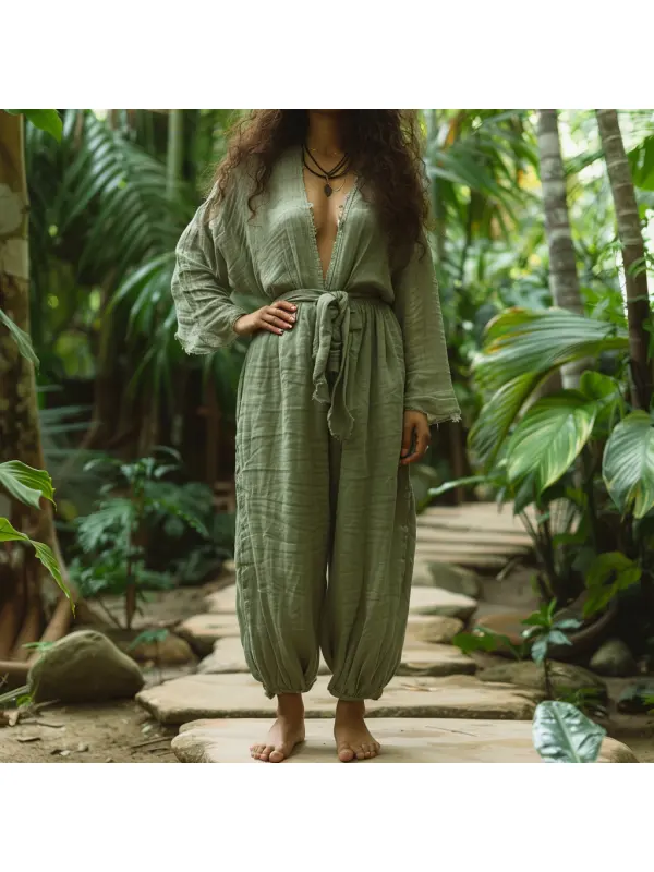 Linen Casual Loose Simple Comfortable Long-sleeved Jumpsuit Home Linen Jumpsuit - Realyiyishop.com 