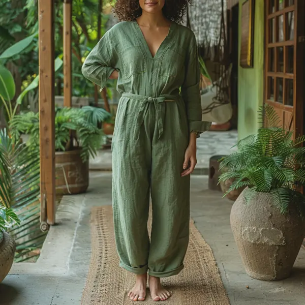 Linen Casual Loose Simple Comfortable Long-sleeved Jumpsuit Home Linen Jumpsuit - Trisunshine.com 