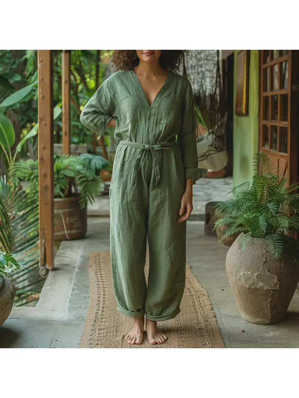 Linen Casual Loose Simple Comfortable Long-sleeved Jumpsuit Home Linen Jumpsuit - Realyiyishop.com 