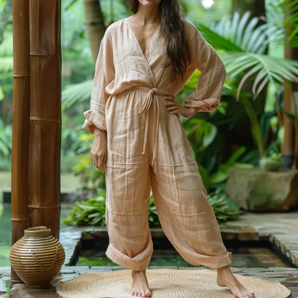 Linen Casual Loose Simple Comfortable Long-sleeved Jumpsuit Home Linen Jumpsuit - Trisunshine.com 