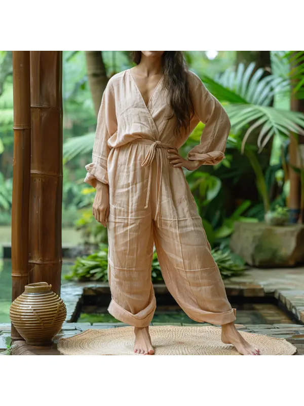 Linen Casual Loose Simple Comfortable Long-sleeved Jumpsuit Home Linen Jumpsuit - Realyiyishop.com 