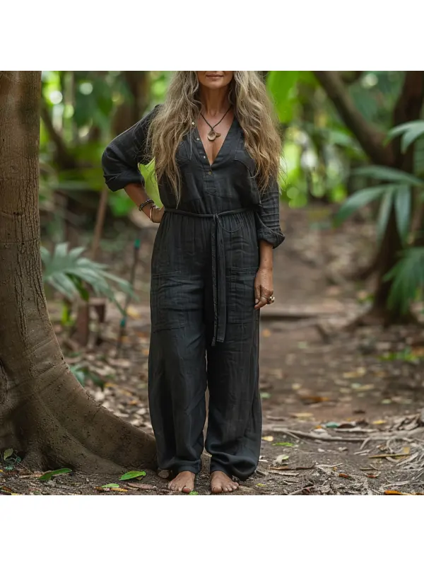 Linen Casual Loose Simple Comfortable Long-sleeved Jumpsuit Home Linen Jumpsuit - Realyiyi.com 