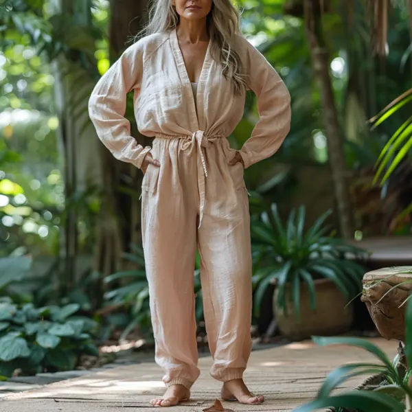 Linen Casual Loose Simple Comfortable Long-sleeved Jumpsuit Home Linen Jumpsuit - Trisunshine.com 