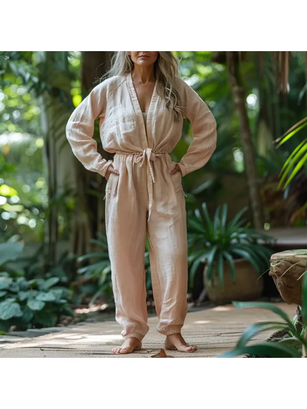 Linen Casual Loose Simple Comfortable Long-sleeved Jumpsuit Home Linen Jumpsuit - Realyiyi.com 