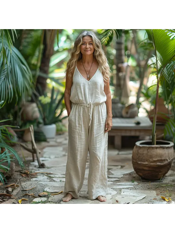 Linen Casual Loose Simple Comfortable Vest Jumpsuit Home Linen Jumpsuit - Viewbena.com 