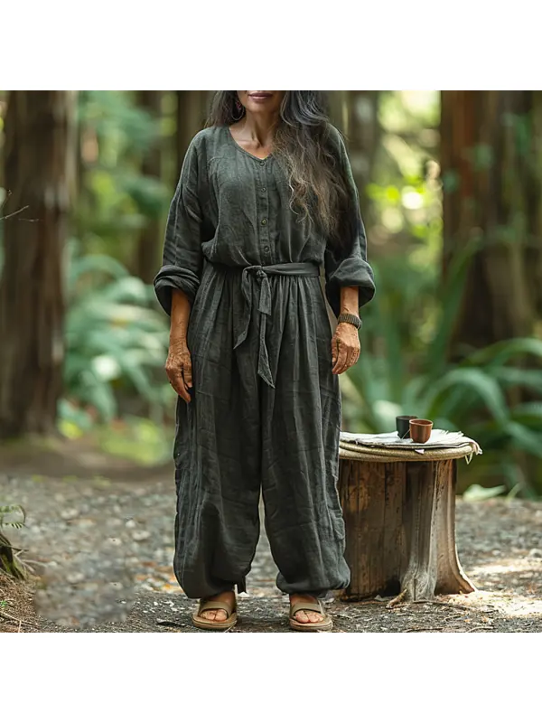 Linen Casual Loose Simple Comfortable Long-sleeved Jumpsuit Home Linen Jumpsuit - Realyiyi.com 