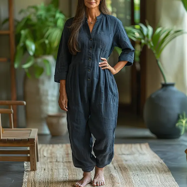 Linen Casual Loose Simple Comfortable Long-sleeved Jumpsuit Home Linen Jumpsuit - Trisunshine.com 