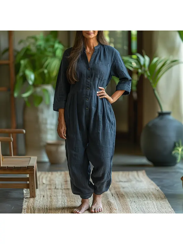 Linen Casual Loose Simple Comfortable Long-sleeved Jumpsuit Home Linen Jumpsuit - Realyiyishop.com 