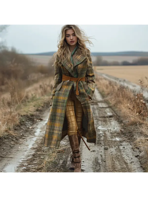 Plaid Retro Casual Wool Coat Long Coat - Cominbuy.com 