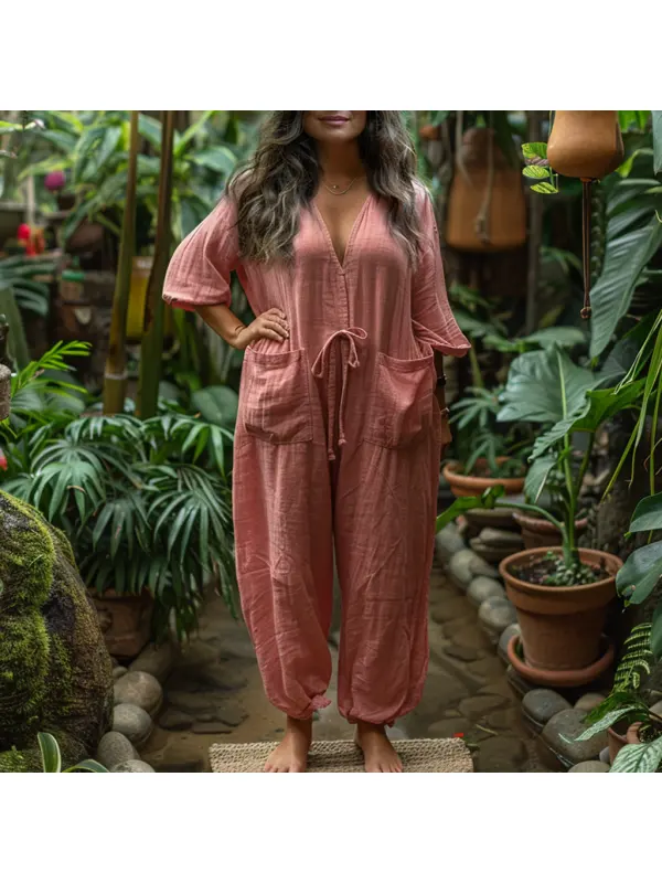 Linen Casual Loose Simple Comfortable Long-sleeved Jumpsuit Home Linen Jumpsuit - Realyiyi.com 