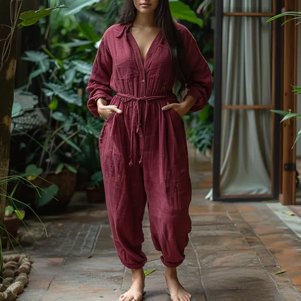 Linen Casual Loose Simple Comfortable Long-sleeved Jumpsuit Home Linen Jumpsuit - Trisunshine.com 
