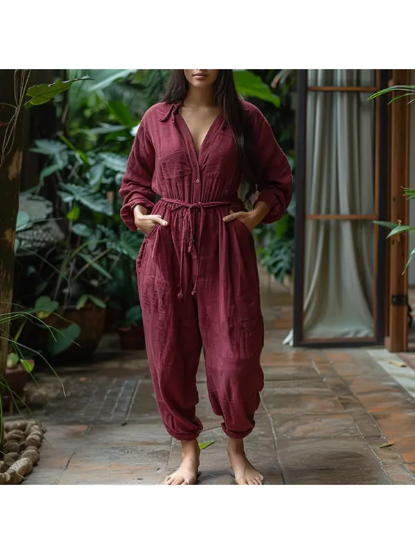 Linen Casual Loose Simple Comfortable Long-sleeved Jumpsuit Home Linen Jumpsuit - Cominbuy.com 