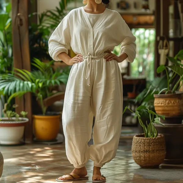 Linen Casual Loose Simple Comfortable Long-sleeved Jumpsuit Home Linen Jumpsuit - Trisunshine.com 