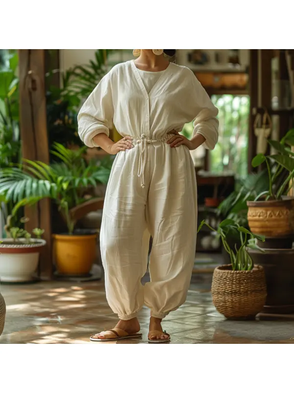 Linen Casual Loose Simple Comfortable Long-sleeved Jumpsuit Home Linen Jumpsuit - Realyiyishop.com 