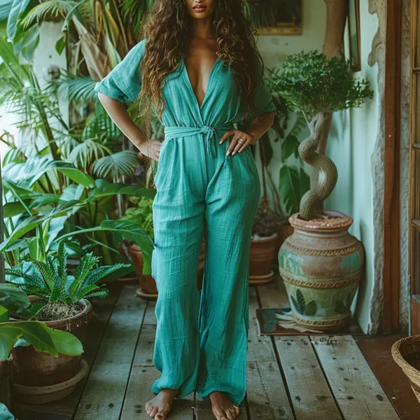 Linen Casual Loose Simple Comfortable Long-sleeved Jumpsuit Home Linen Jumpsuit - Trisunshine.com 