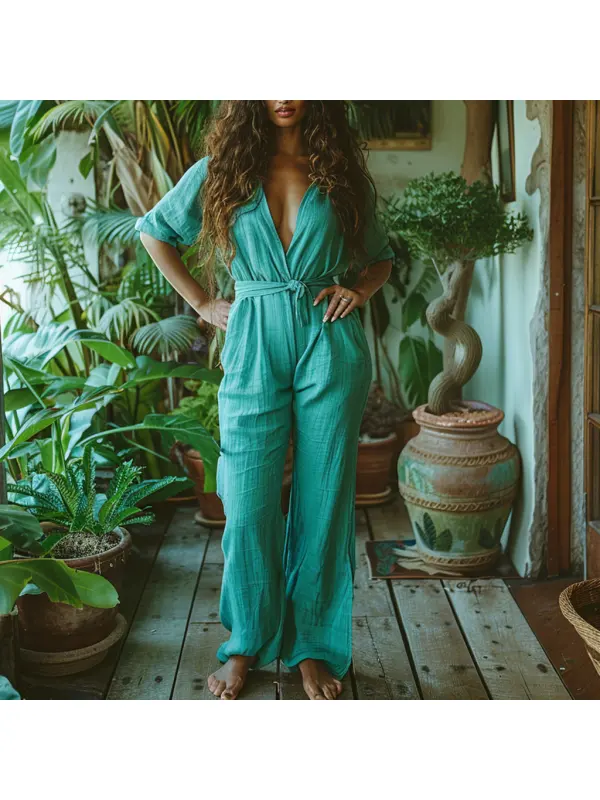 Linen Casual Loose Simple Comfortable Long-sleeved Jumpsuit Home Linen Jumpsuit - Realyiyi.com 