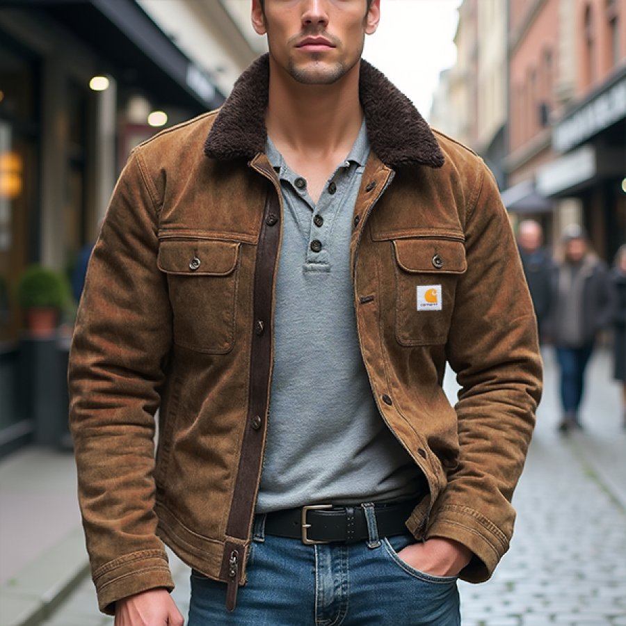 

Men's Vintage Patchwork Zipper Collar Lamb Wool Coffee Zipper Pocket Leather Splicing Suede Jacket