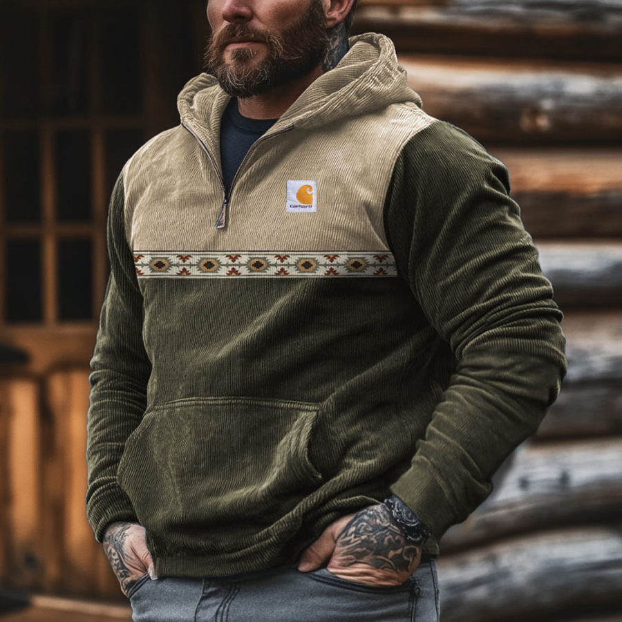 

Men's Vintage Corduroy Spliced ​​Aztec Color Block Pocket Long Sleeve Zipper Hoodie