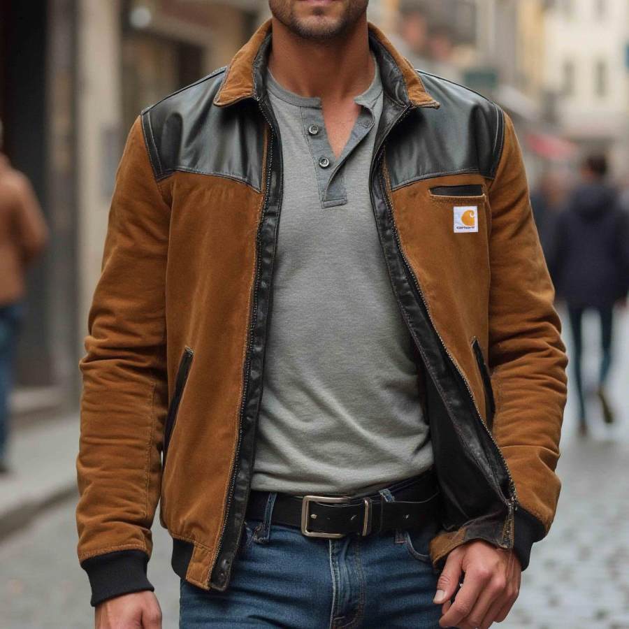 

Men's Vintage Suede Paneled Leather Multi-Pocket Lapel Outdoor Motorcycle Jacket