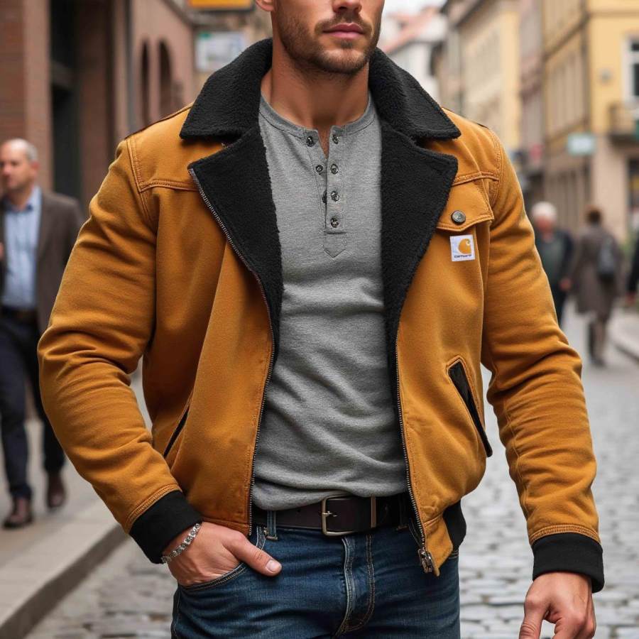 

Men's Vintage Suede Multi-Pocket Lamb Wool Lapel Collar Outdoor Motorcycle Jacket