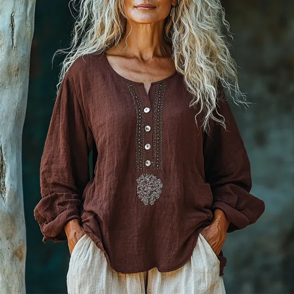 Women's Linen Bohemian Simple Long-sleeved Shirt - Trisunshine.com 