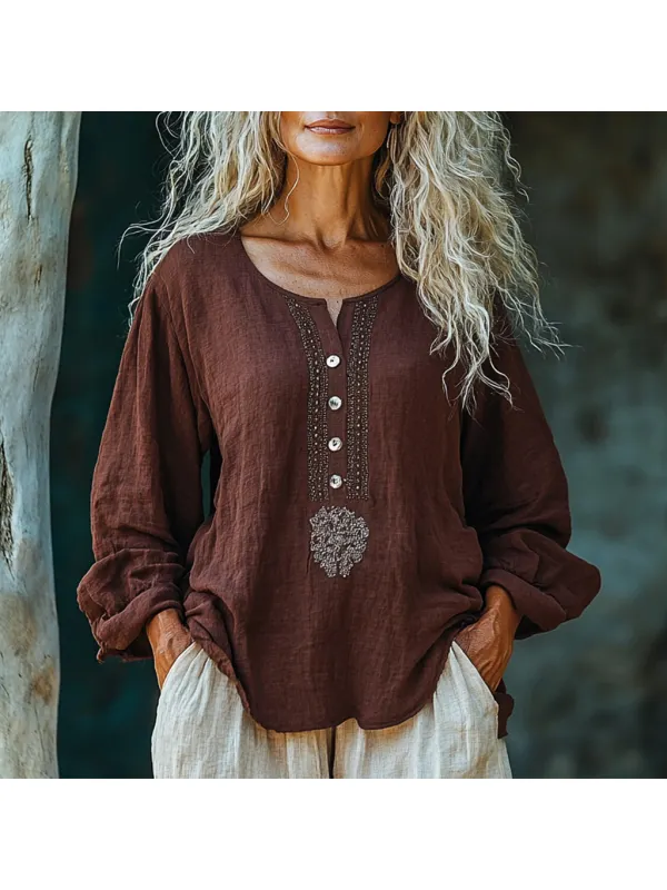 Women's Linen Bohemian Simple Long-sleeved Shirt - Anrider.com 