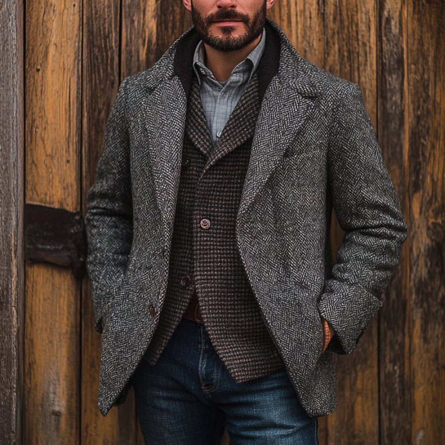 

Men's Vintage Outdoor Deep Gray Herringbone Pattern Woolen Suit Jacket